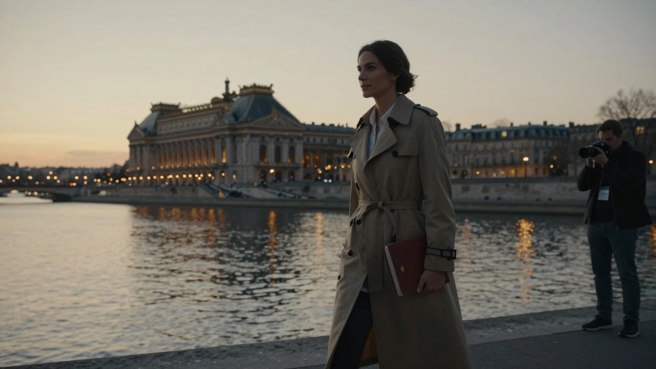 A woman walking along the Seine at sunset, elegant coat, city lights glowing behind her.