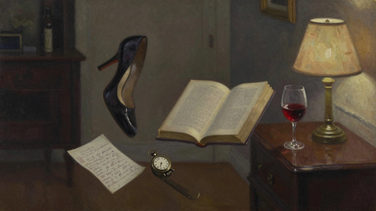 Abstract still life of a Parisian companion&#039;s personal items: book, wine glass, watch, and note.